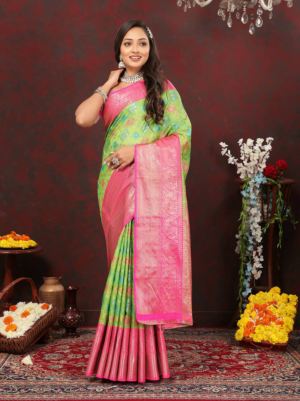 Green cotton saree with intricate zari meenakari weaving and matching silk blouse fabric