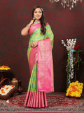 Green cotton saree with intricate zari meenakari weaving and matching silk blouse fabric