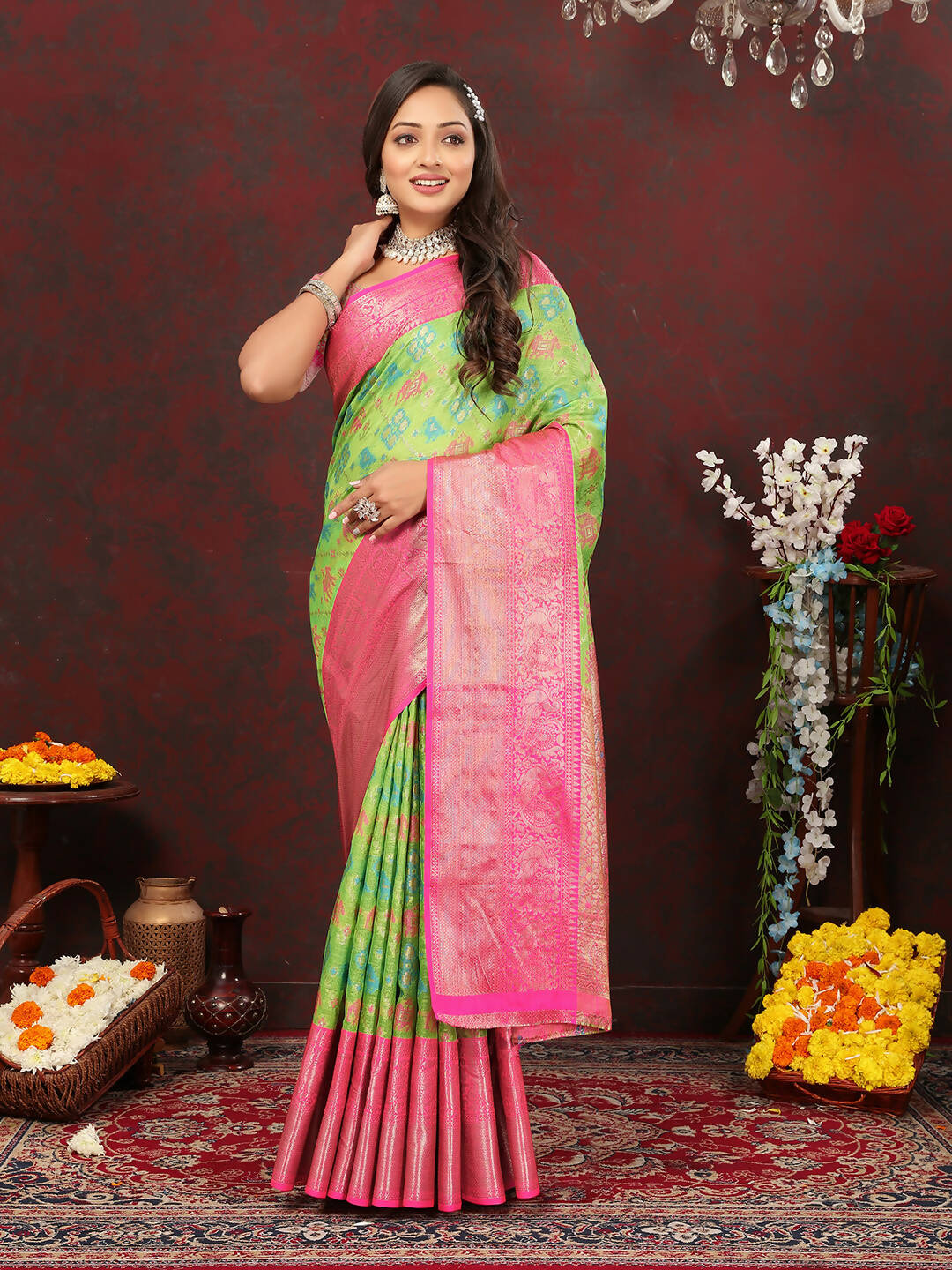 Green cotton saree with intricate zari meenakari weaving and matching silk blouse fabric