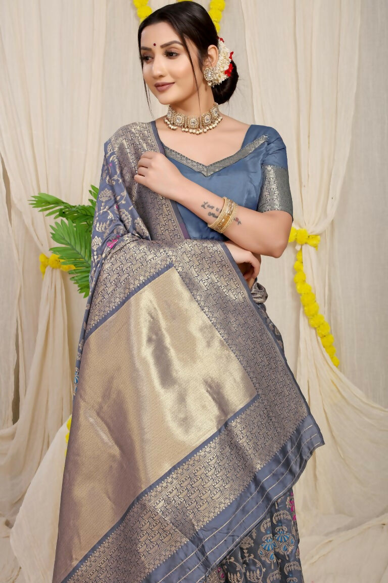 Grey Kanjivaram Silk Zari Woven Saree with Matching Blouse