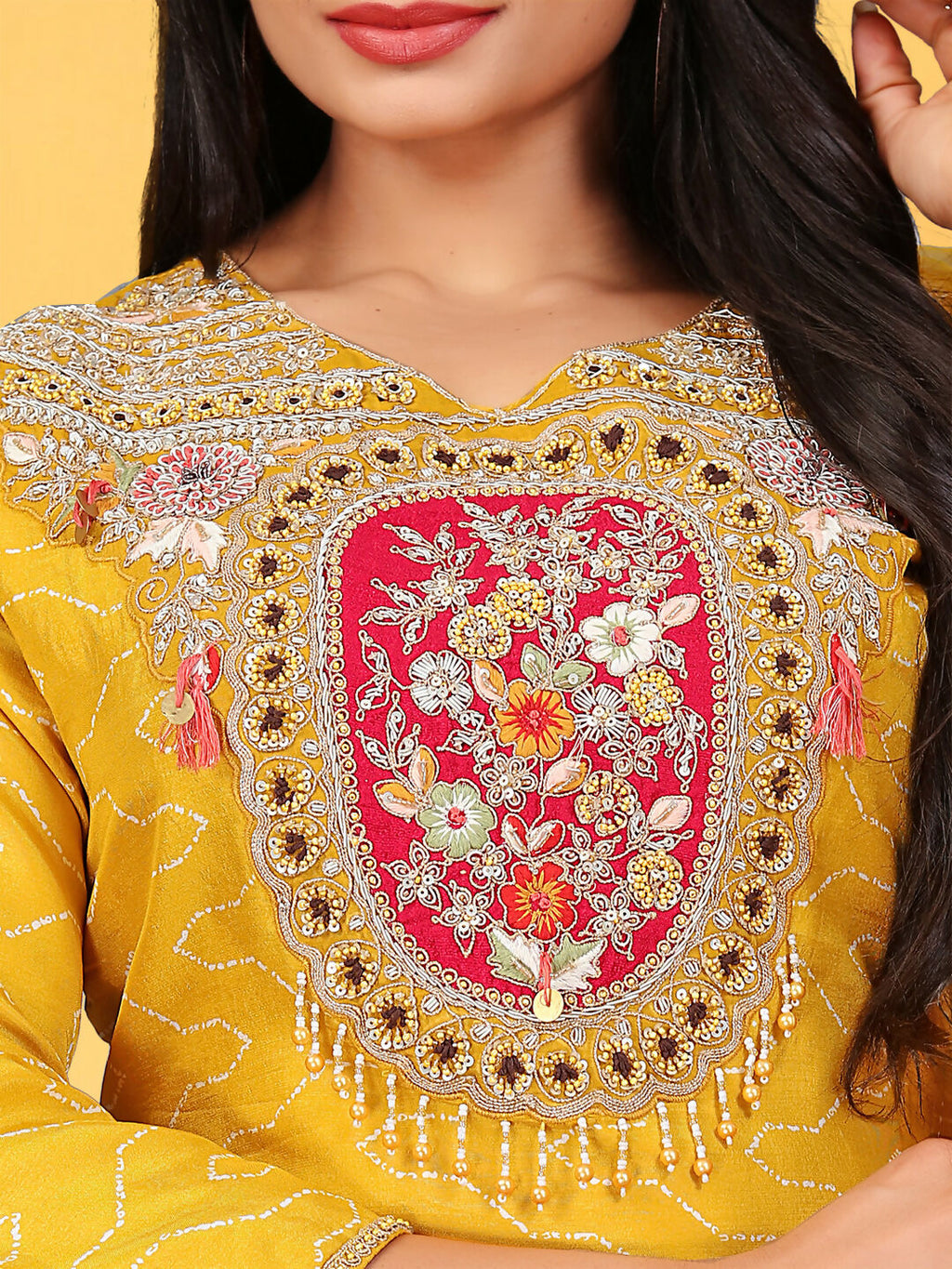 Mustard Cotton Pure Viscose Dola Kurta Set with Handwork