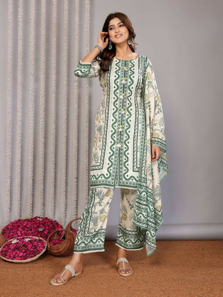 Off White and Forest Green Printed Linen Kurta Set