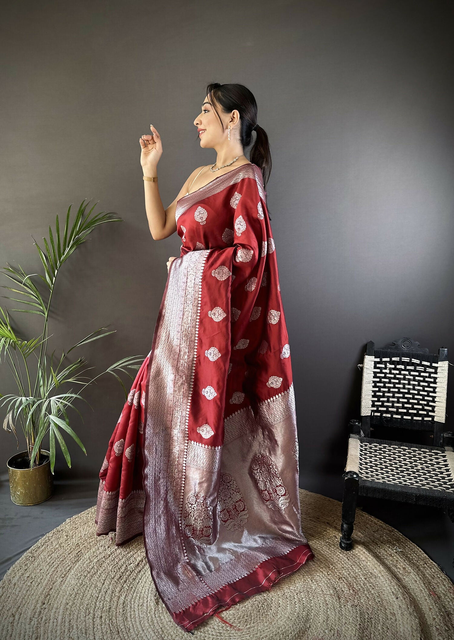Maroon Floral Motifs Soft Silk Banarasi Saree with Matching Blouse