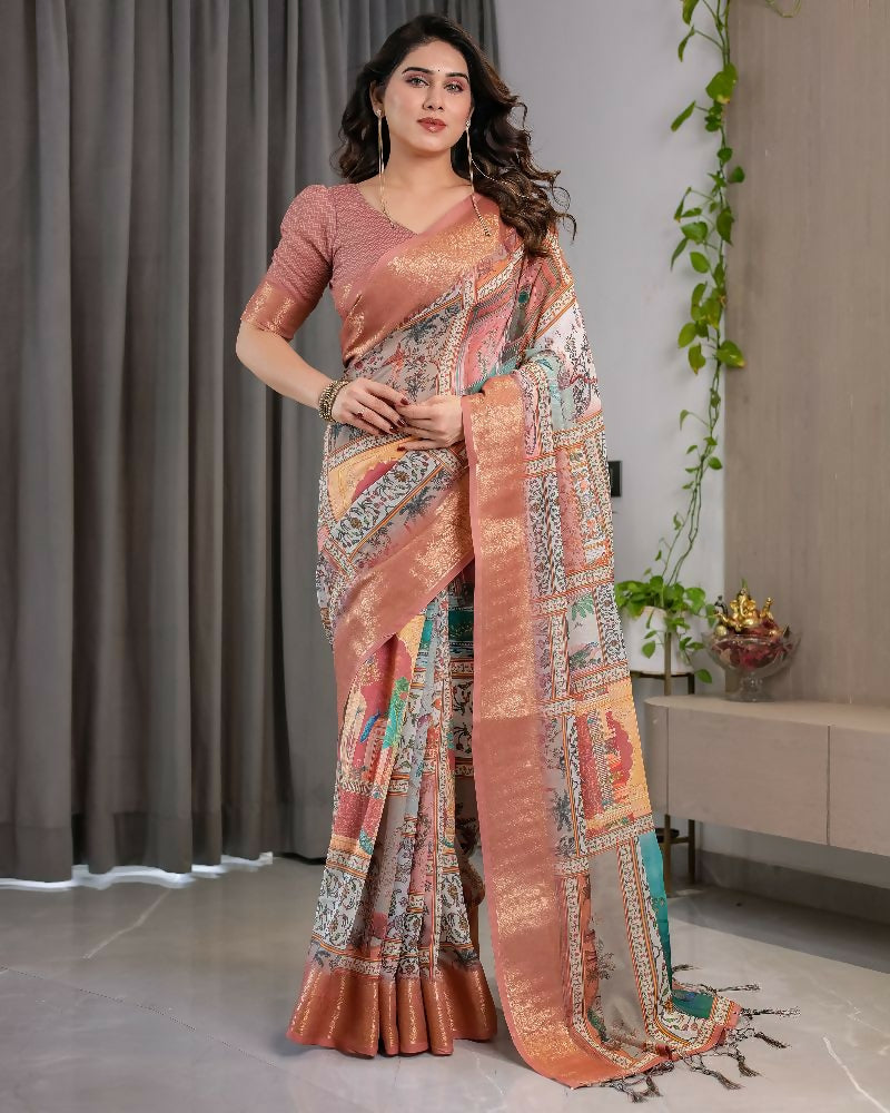 Peach colored pure handloom linen saree with matching blouse piece