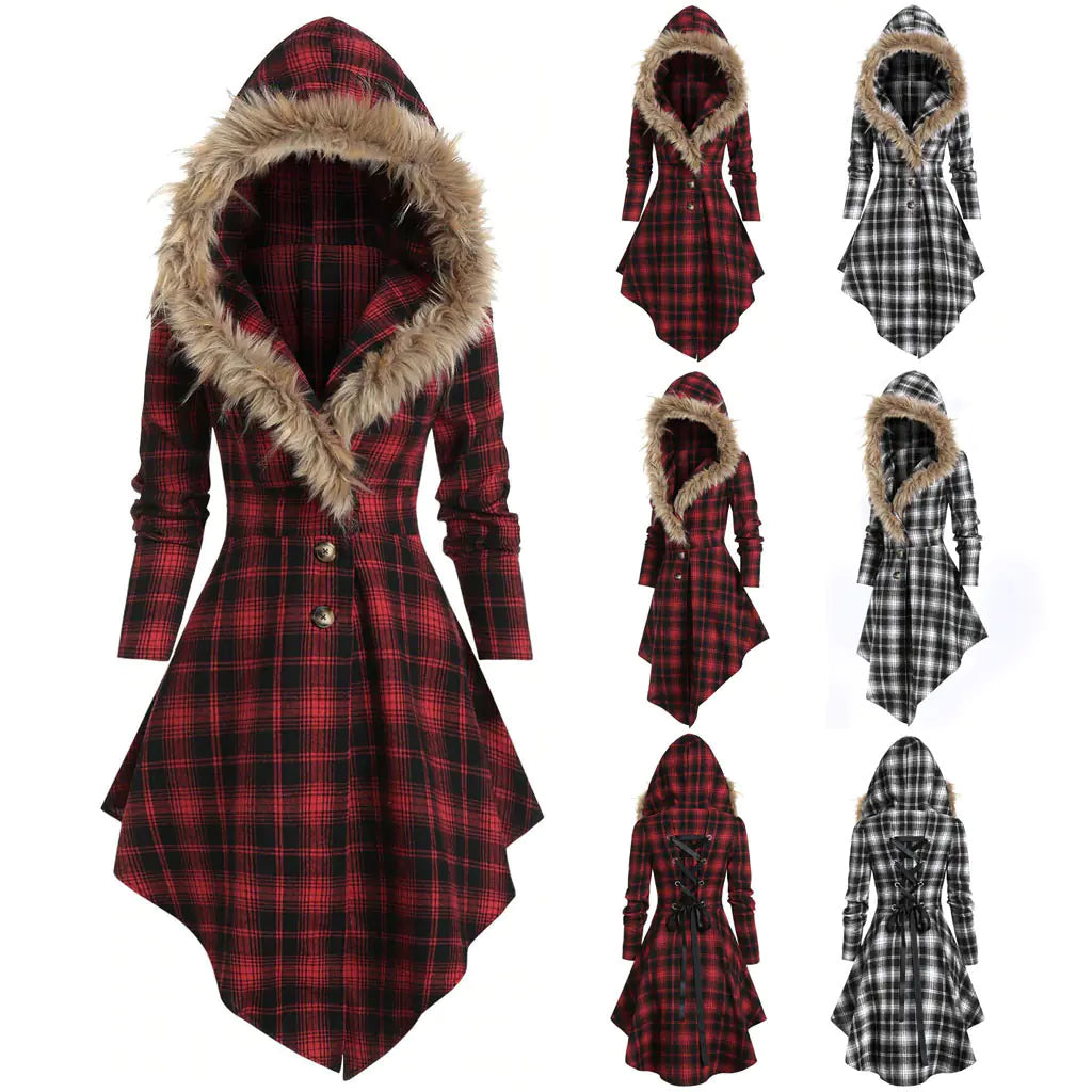 New Women's Winter Plaid Coat with Hood and Belt