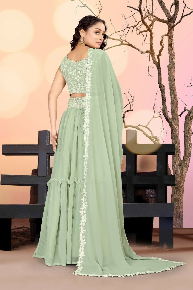 Sea Green Two Tier Crush Georgette Lehenga Choli with Dupatta