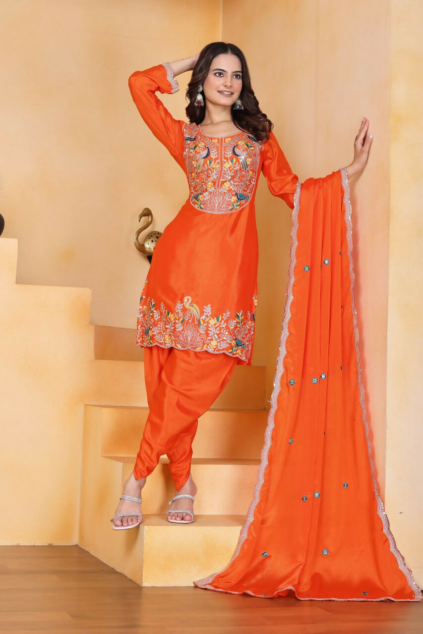 Orange Silk Embroidered Dhoti Set with Matching Kurti and Dupatta