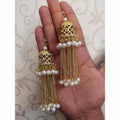 Gold-tone bridal jhumka earrings with white pearls and hanging chains