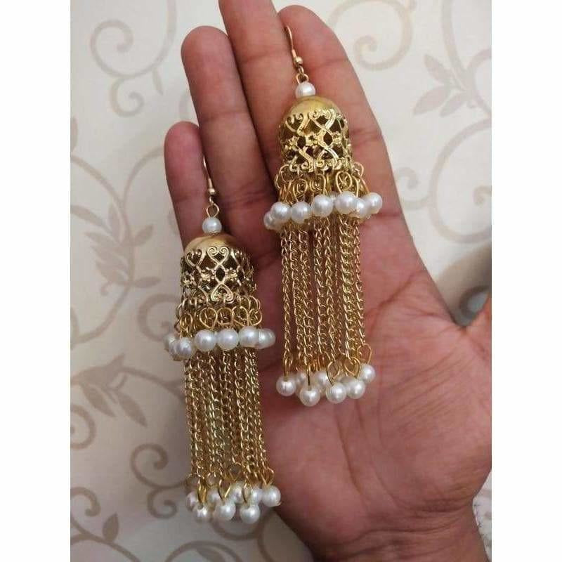 Gold-tone bridal jhumka earrings with white pearls and hanging chains