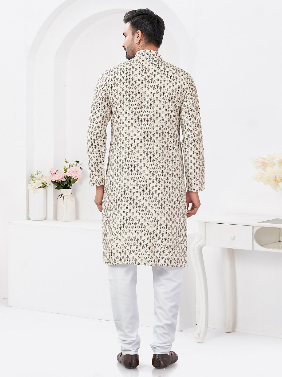 Boys Cream Rayon Cotton Printed Kurta Pyjama Ethnic Set