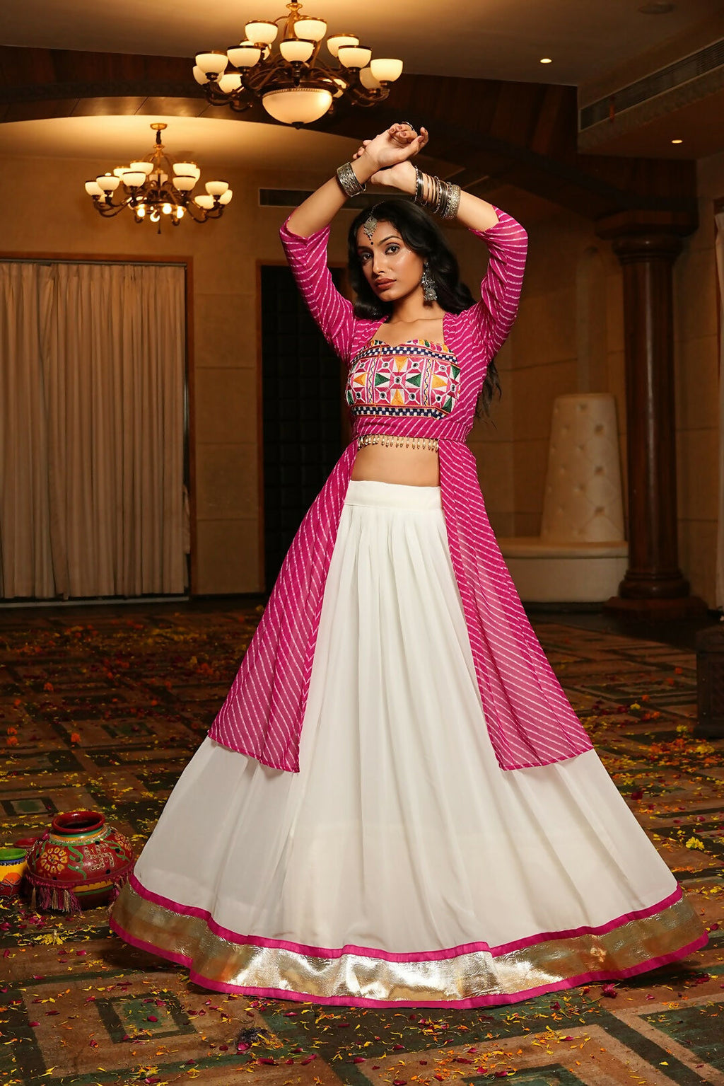 White Georgette Lehenga Choli with Pink Blouse for Navratri