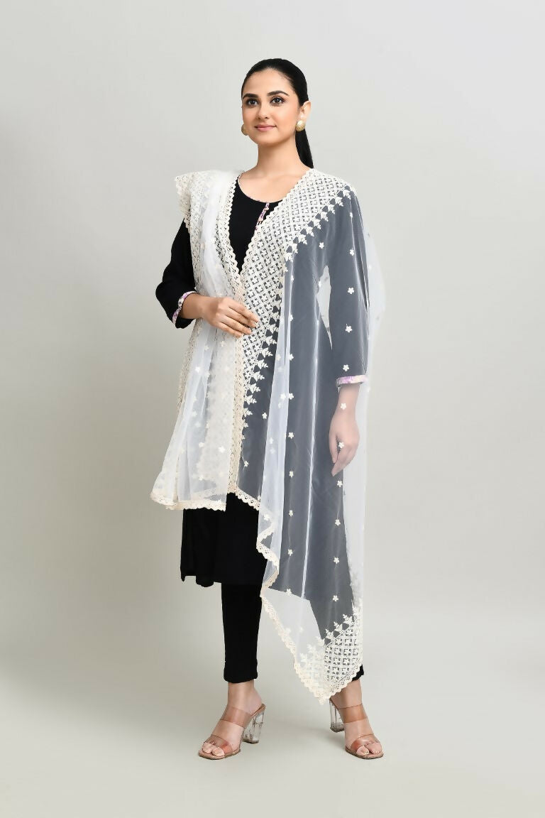 White Cotton Pakistani Karanchi Dupatta with Intricate Embroidery