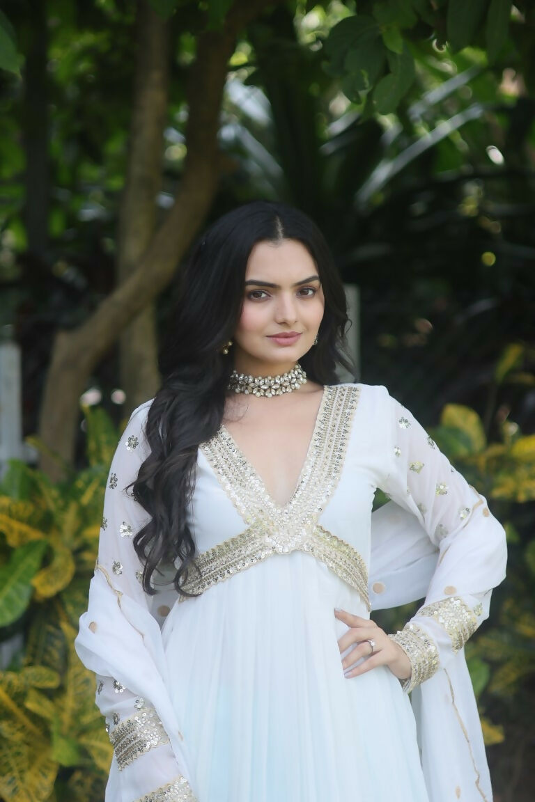 Women's White Faux Blooming Sequins Zari Embroidered Anarkali Dress