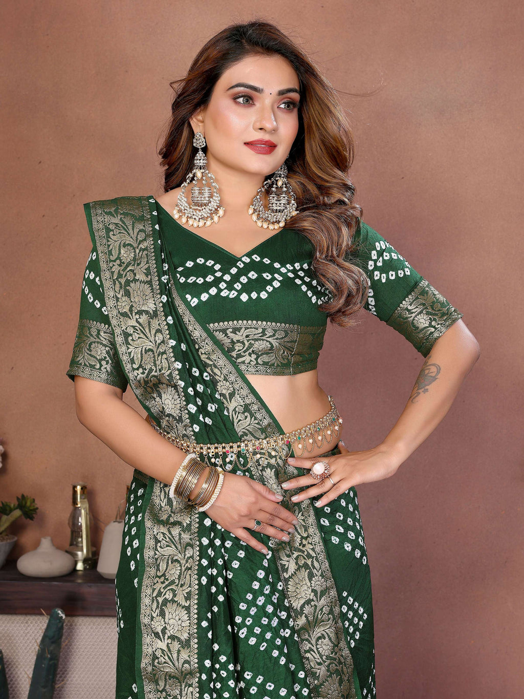 Green Pure Dola Silk Saree with Handmade Bandhej