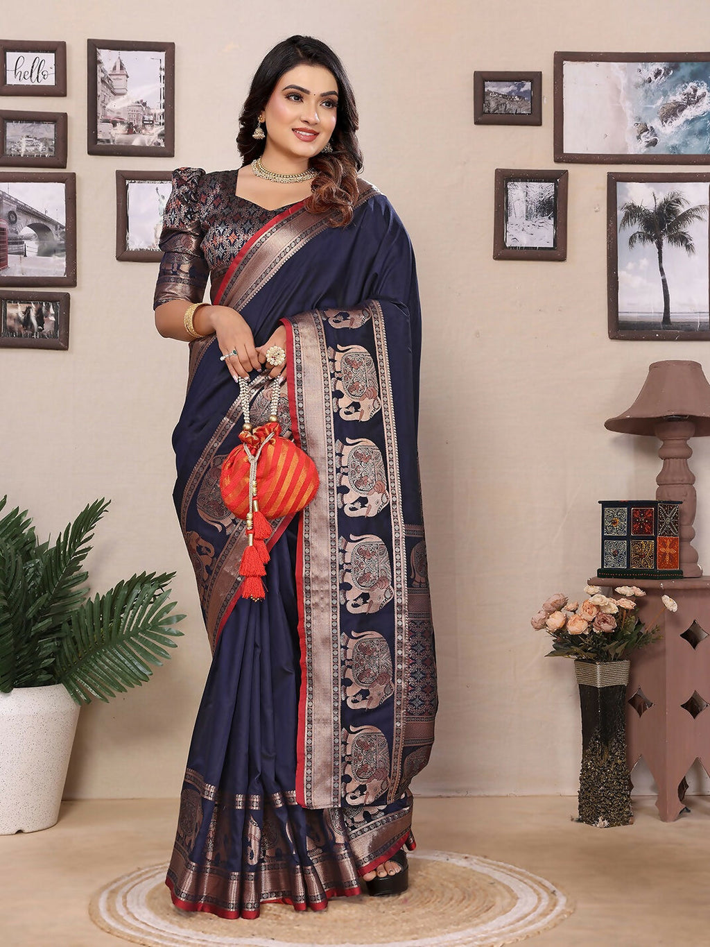 Dark blue solid Banarasi brocade silk saree for evening elegance