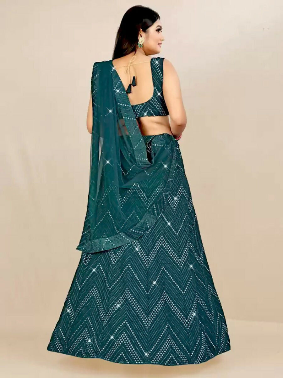 Bottle Green Georgette Lehenga Choli with Sequins and Embroidery