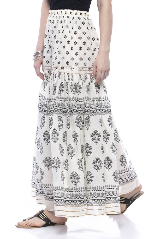 Off White Cotton Block Print Palazzo with Delicate Lace Work
