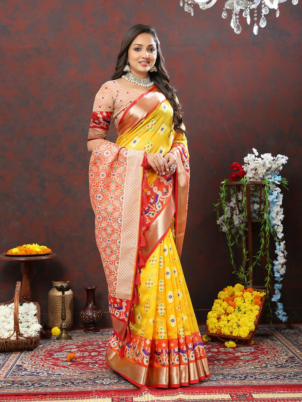 Yellow Organza Silk Saree with Zari Meenakari Weaving