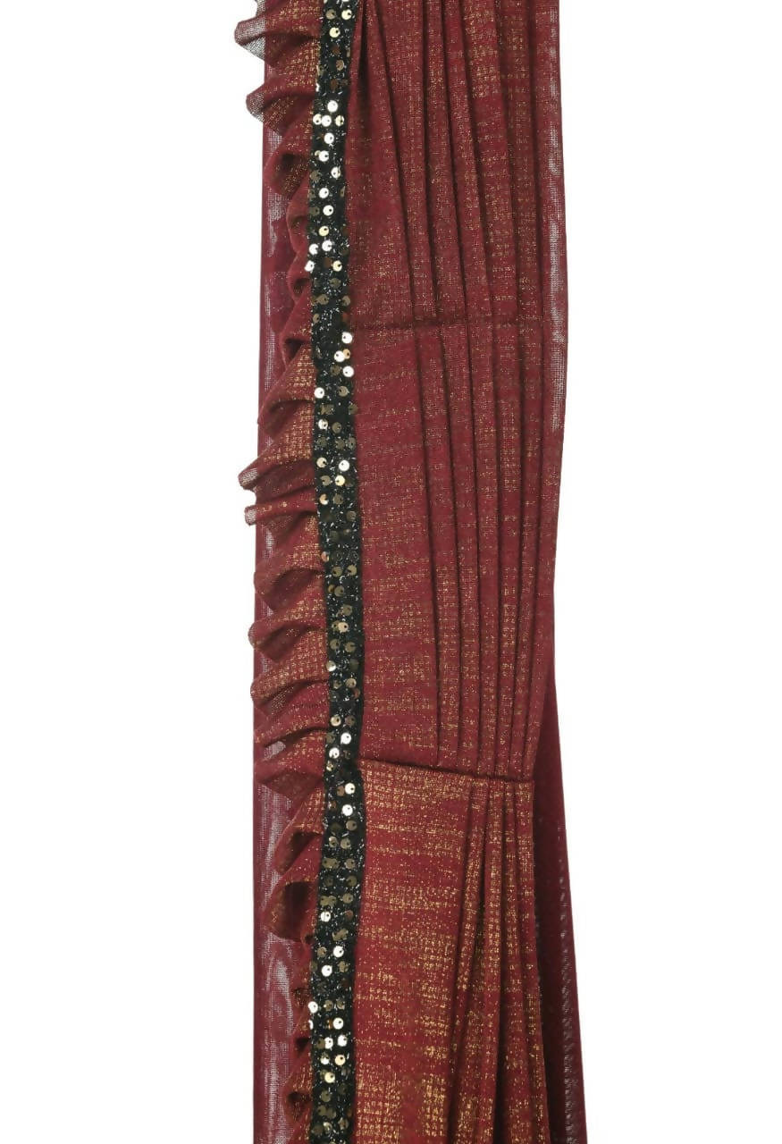 Rust and Black Ruffled Ready-to-Wear Lycra Saree with Sequin Blouse
