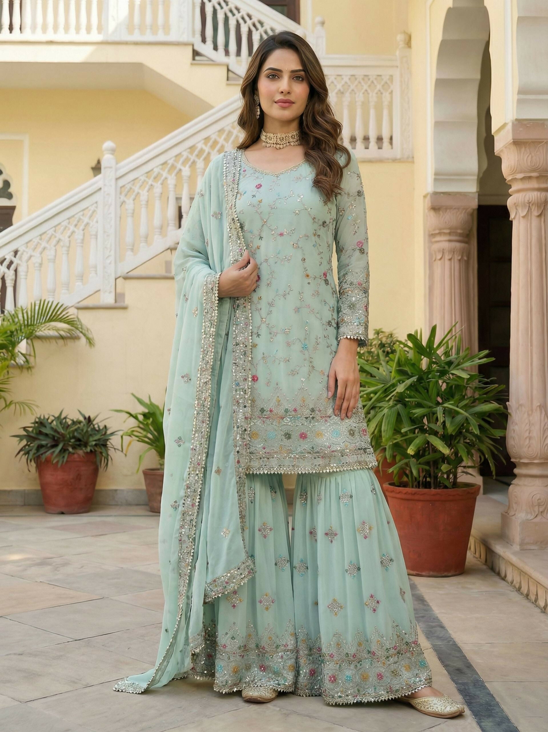 Woman wearing a sky blue embroidered georgette kurti and sharara pants set