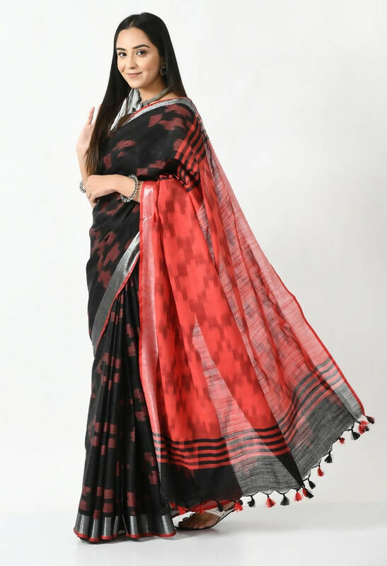 Black and Red Bhagalpuri Handloom Ikat Pure Cotton Saree