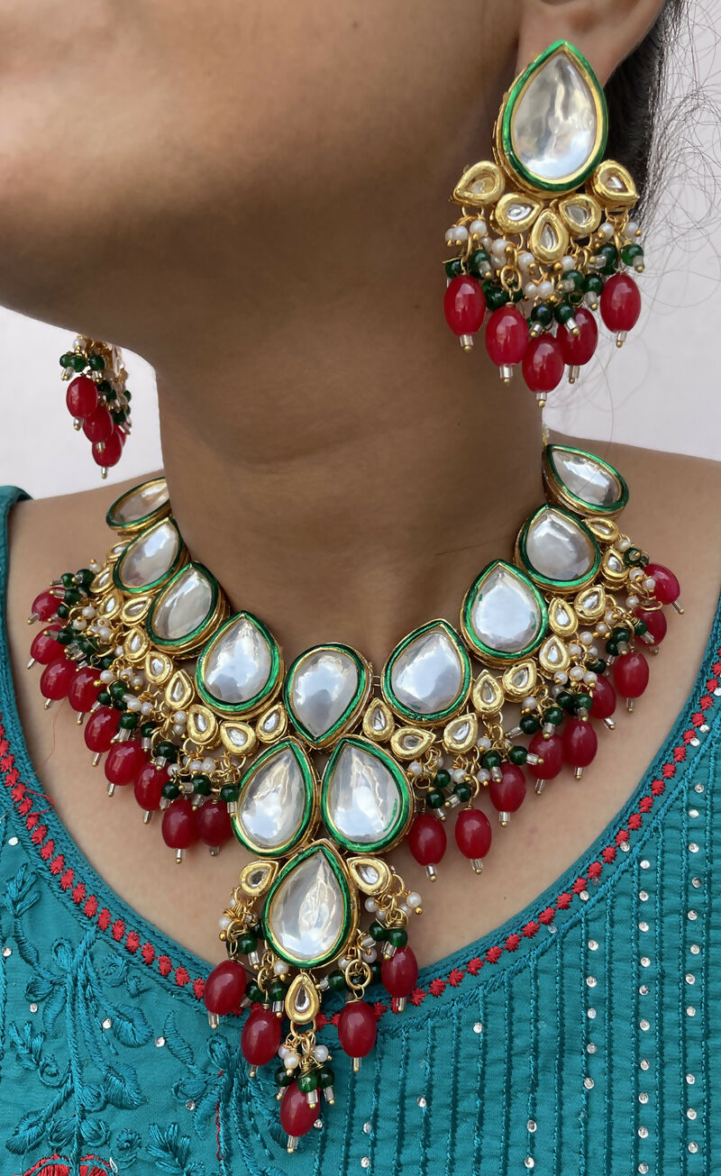 Gold Plated Kundan Necklace Set with Handcrafted Stone Detailing