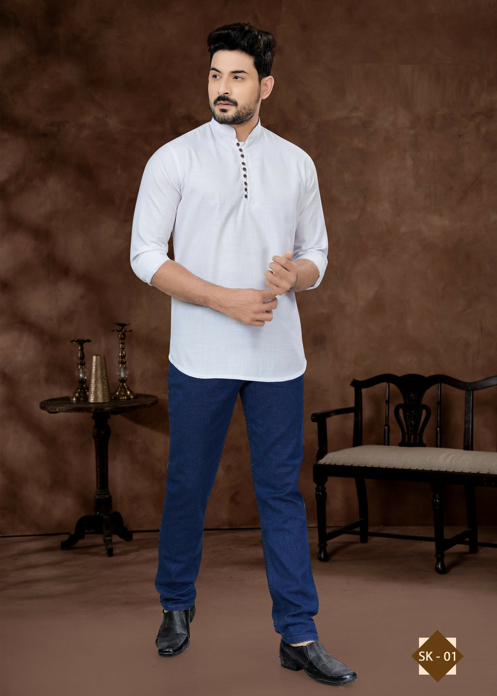 Men's white plain short kurta in pure cotton, ideal for summer ethnic wear