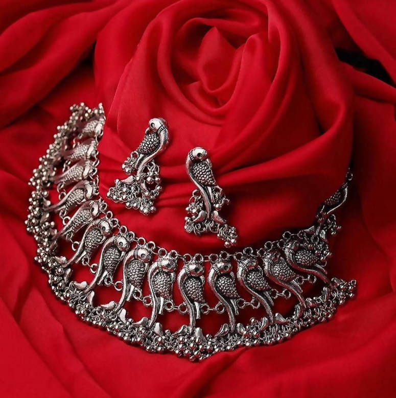 Parrot Motif Oxidised Silver Choker with Ghungru Details