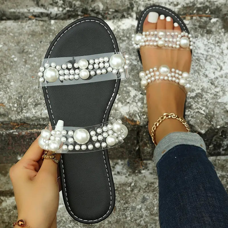 Women's Black Flat Sandals with Elegant Pearl Decor Summer Beach - Image 8