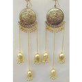 Gold-plated Bahubali style long hanging jhumkas with sun motif and tassels.
