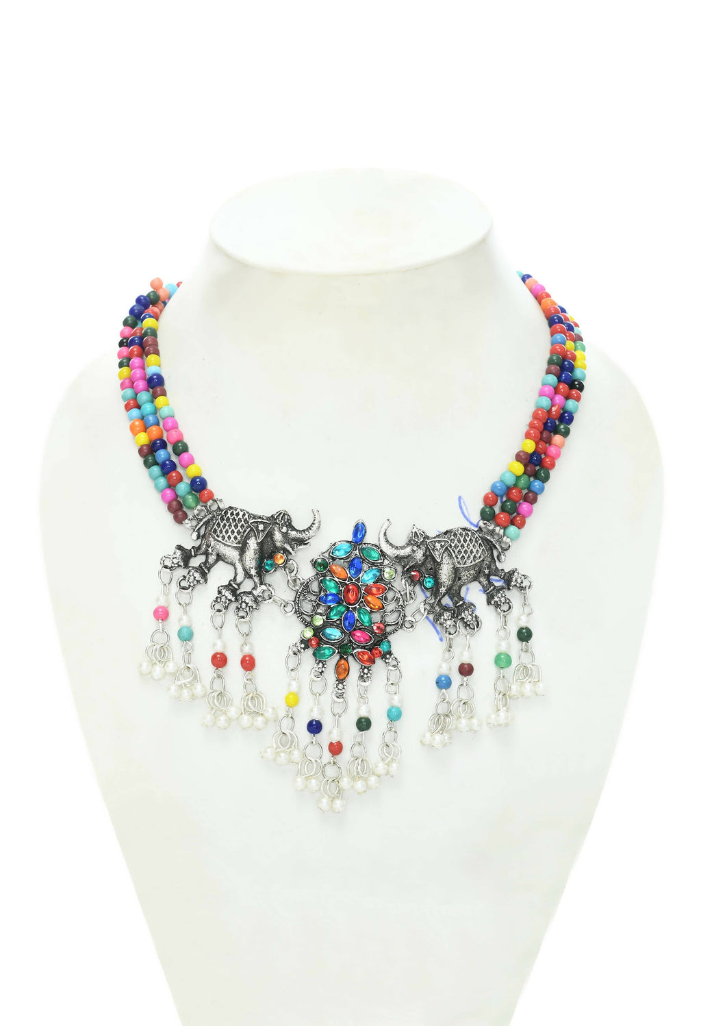 Multi-Color Elephant Design Choker in Silver-Plated Finish