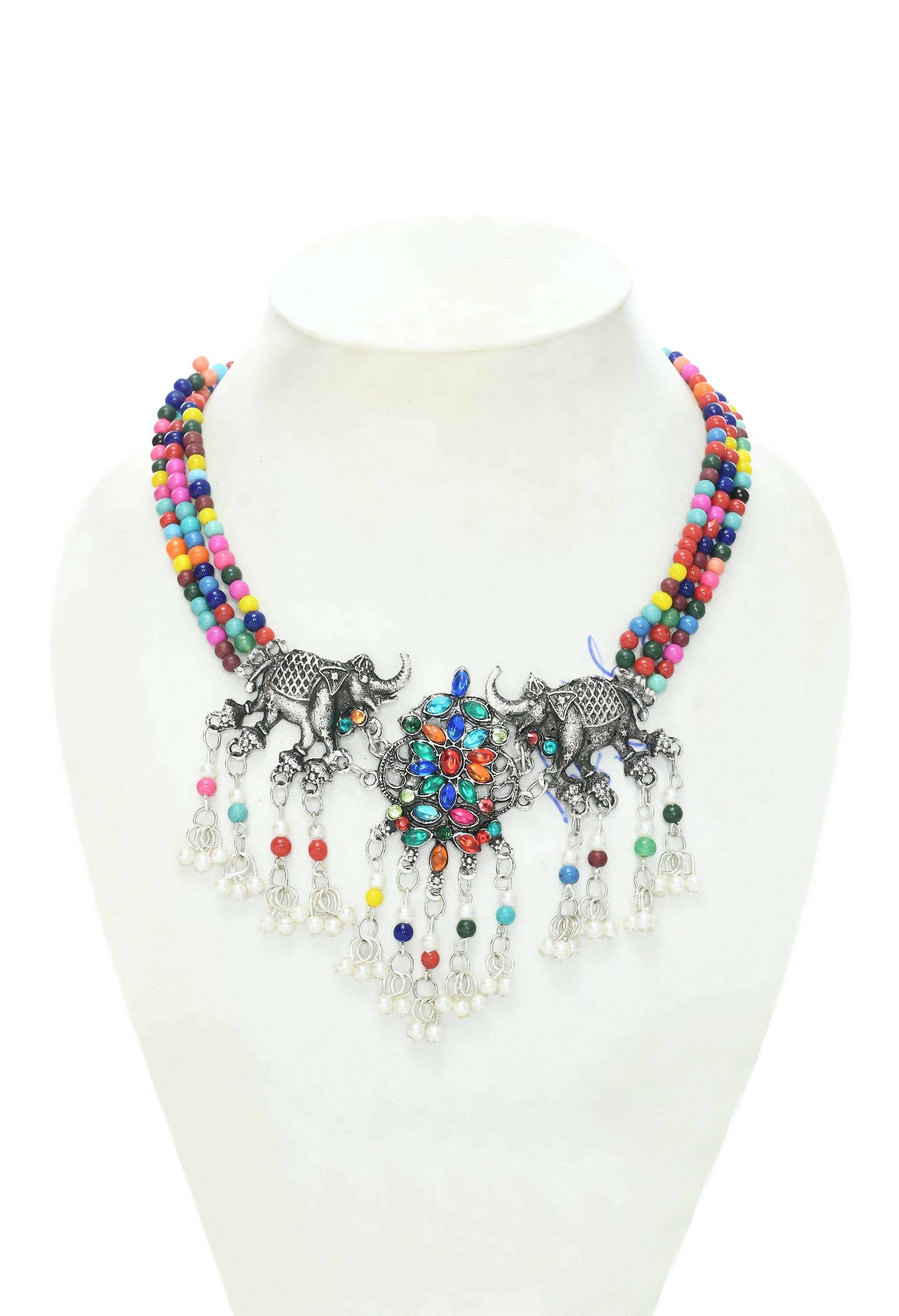 Multi-Color Elephant Design Choker in Silver-Plated Finish