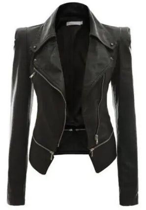 Women's Fitted Faux Leather Motorcycle Jacket with Zip Details - Image 24