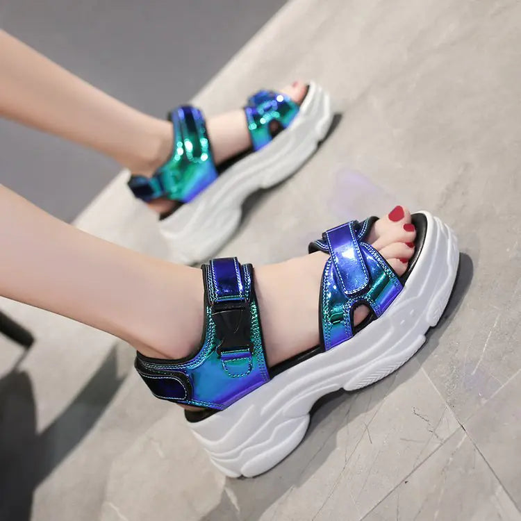 Women's Metallic Thick-Sole Platform Sandals Gold and Blue - Image 12
