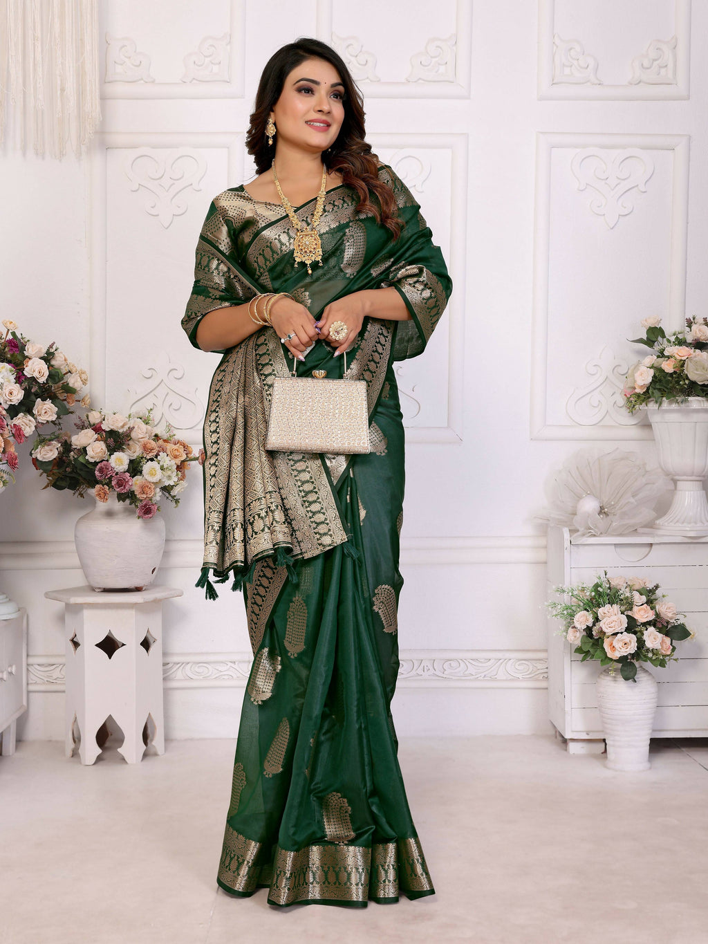 Green Soft Organza Silk Saree with Intricate Weaving