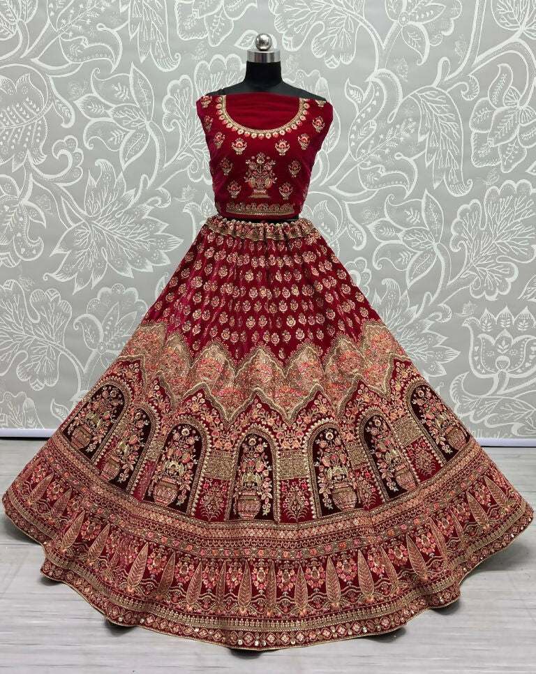 Rani Pink Velvet Wedding Lehenga Choli with Zircon Diamond Work