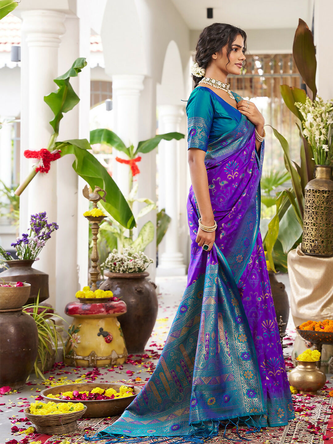 Violet Soft Silk Saree with Teal Blue Blouse for Elegant Occasions