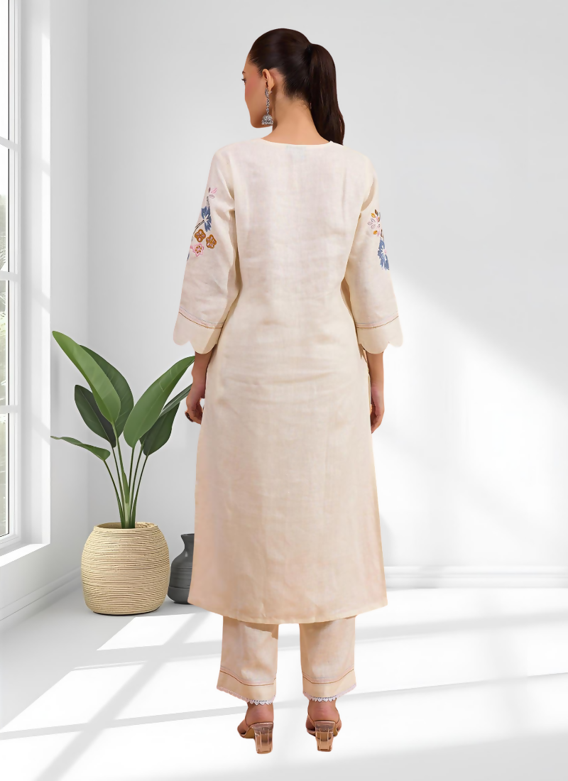 Cream Embroidered Linen Long Kurta Set with Matching Pant