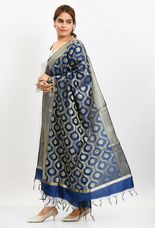 Women's Banarsi Silk All Over Woven Design Navy Blue Dupatta