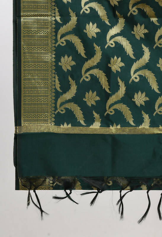 Women's Bottle Green Banarsi Silk Floral Woven Dupatta