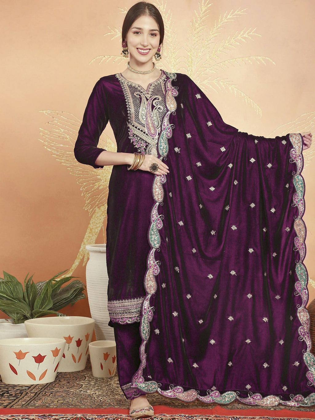 Wine velvet straight kurta set with sequin and Resham thread embroidery and matching trousers
