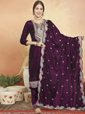 Wine velvet straight kurta set with sequin and Resham thread embroidery and matching trousers