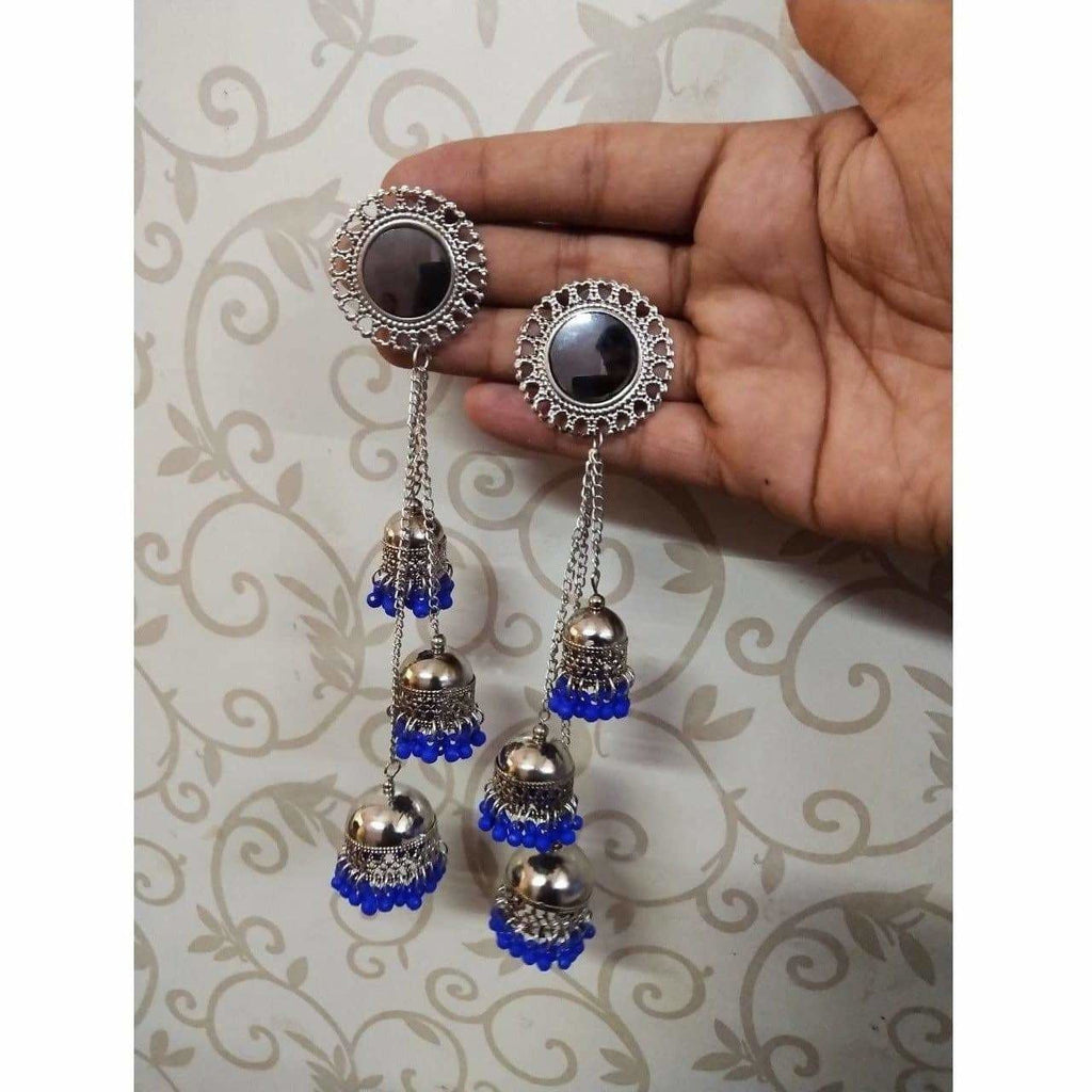 Kashmiri Triple Blue Pearl Hanging Jhumka Earrings