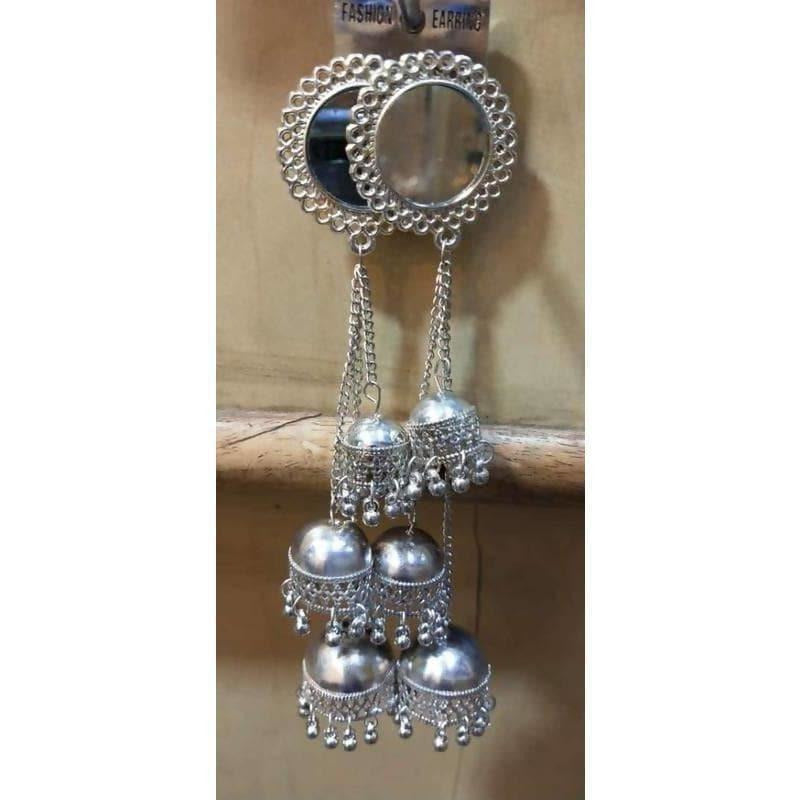 Triple hanging silver jhumka earrings with mirror embellishments