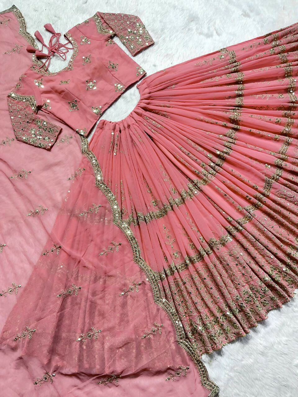 Baby Pink Faux Georgette Sequins Zari Embroidered Lehenga Choli