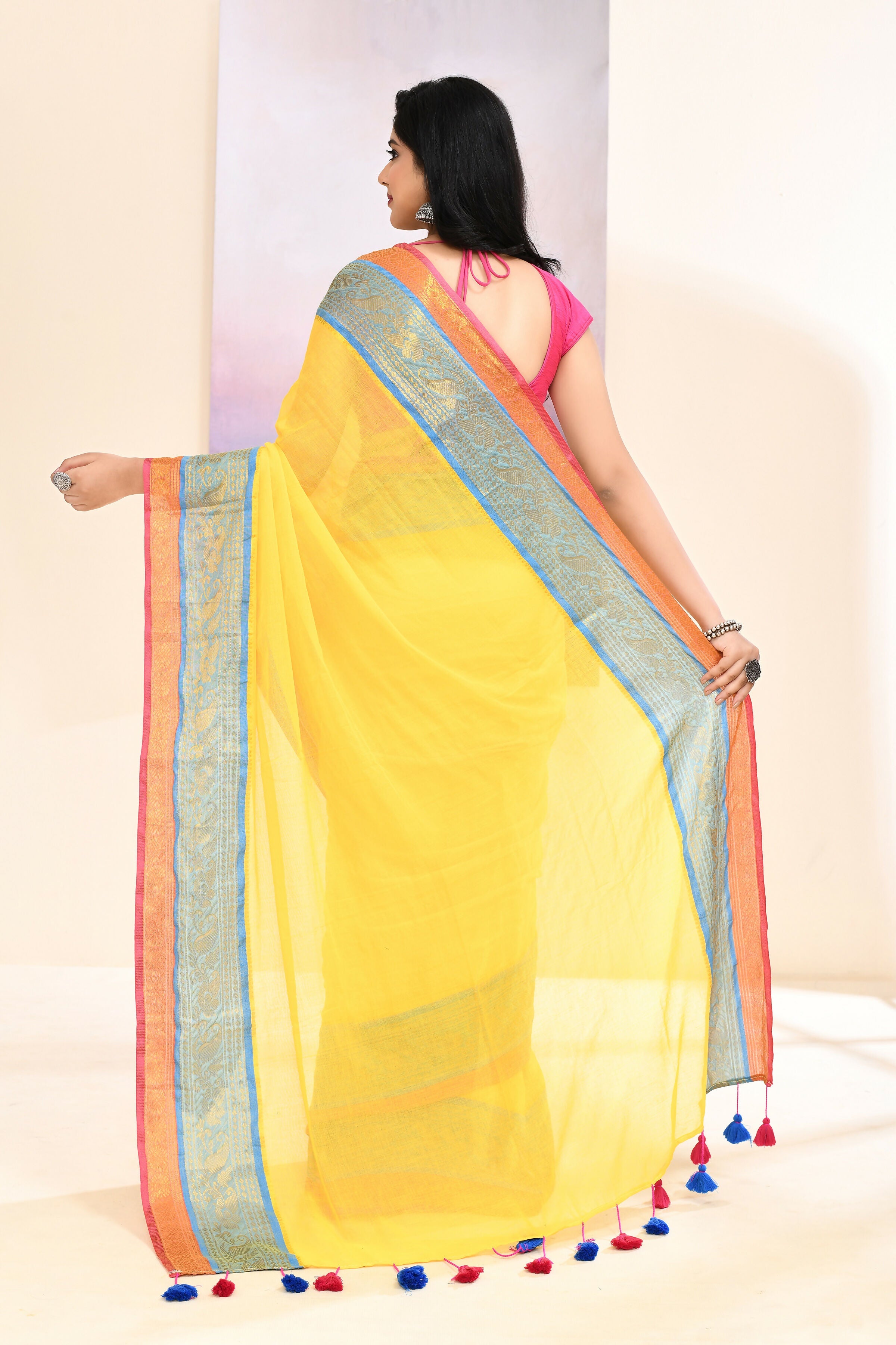 Yellow Embellished Zari Border Cotton Saree