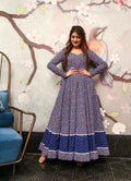 Navy blue cotton silk Anarkali dress with geometric digital prints
