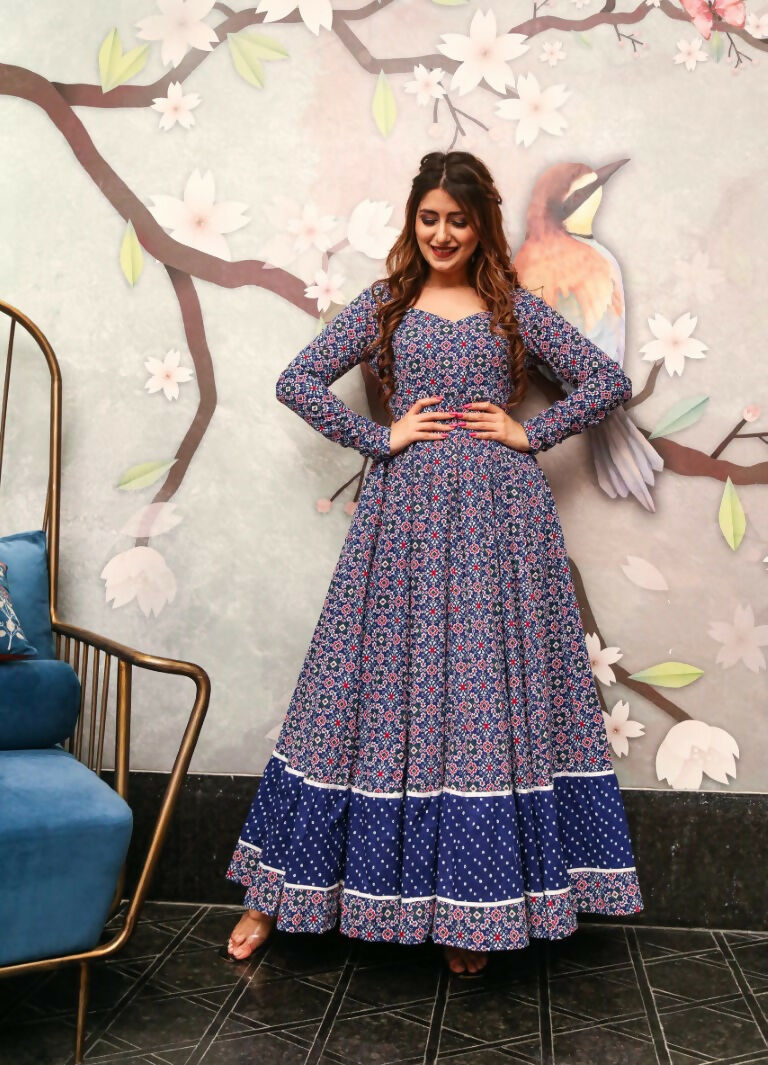 Navy blue cotton silk Anarkali dress with geometric digital prints
