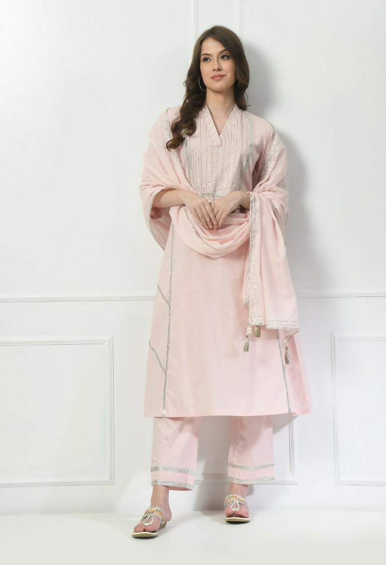 Cream Cotton Kurta Set with Organza Dupatta - 3 Piece Suit