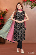 Elegant black women's soft silk kurta set with detailed embroidery and round neck design.